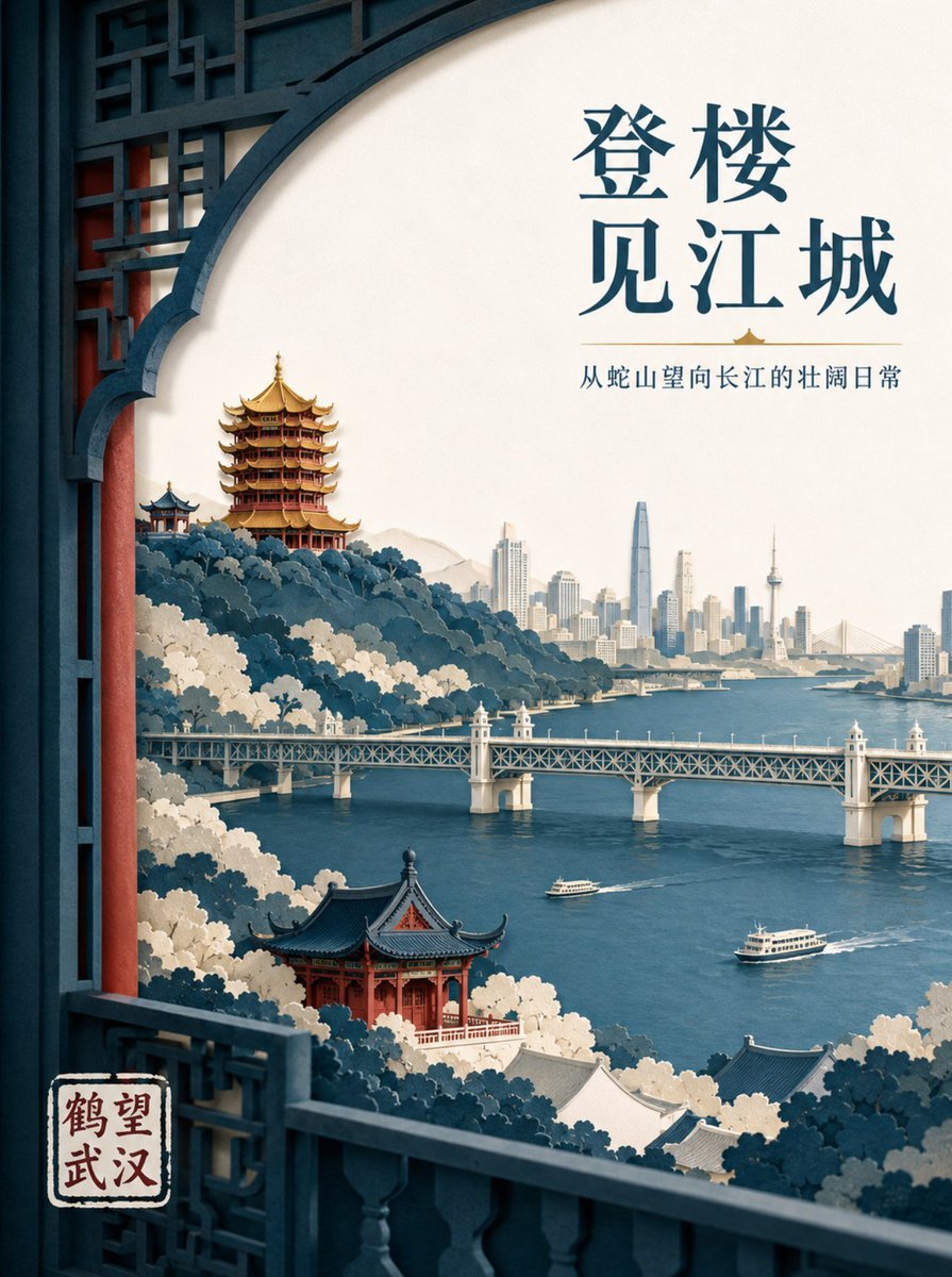 海報提示詞：多層紙雕風城市文旅海報，窗景構圖裏的地標、大橋與江景（武漢示例）（gpt-image-2）