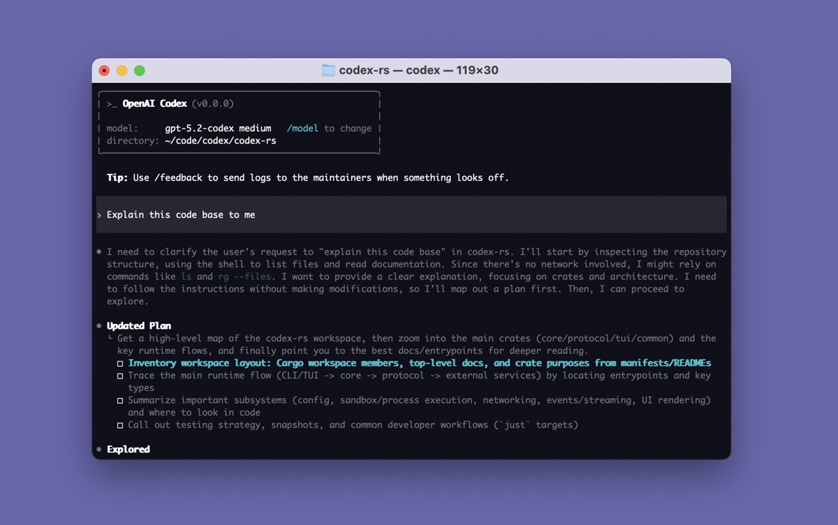 Codex CLI 在终端中解释代码库，并列出分步执行计划