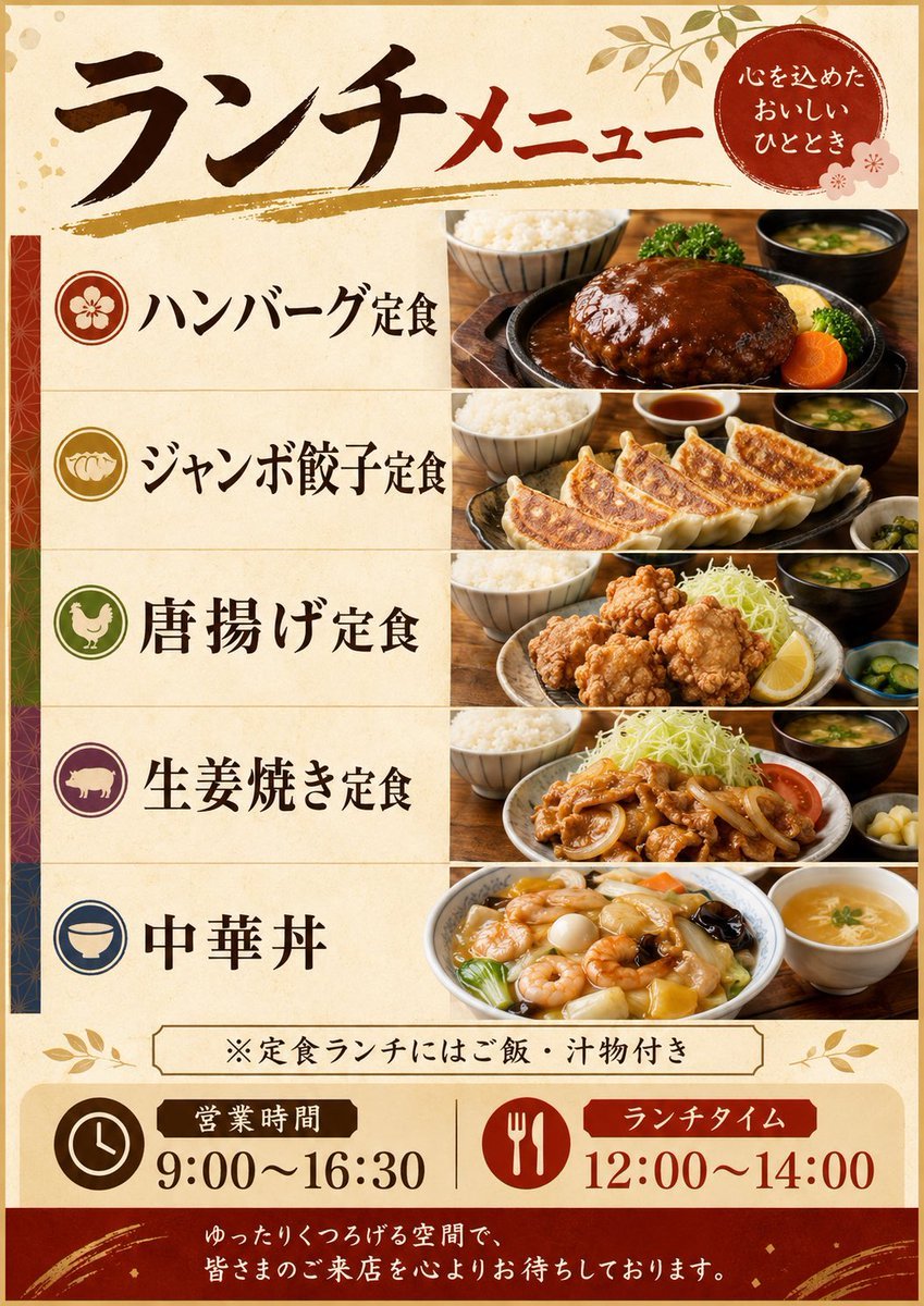 AI選單設計提示詞：日式定食午餐選單海報（5 款套餐 + 營業時間）（gpt-image-2）
