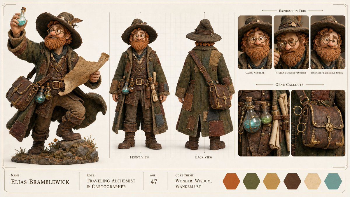 角色设定图提示词：黏土定格动画风原创角色设定集（动作主图 + 正背面 + 表情 + 配色）