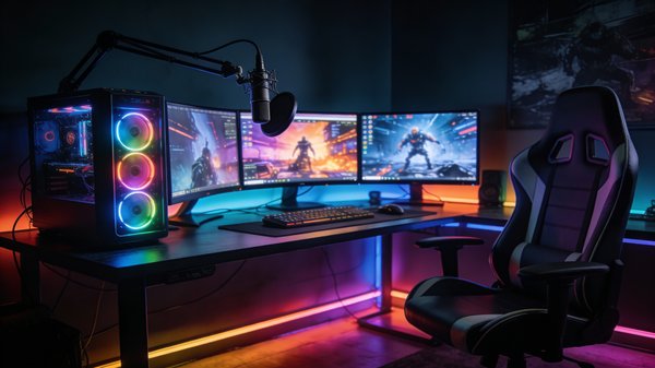 室内设计提示词：RGB 电竞直播间效果图（三联屏 + 悬臂麦克风 + 电竞椅，暗房氛围灯）