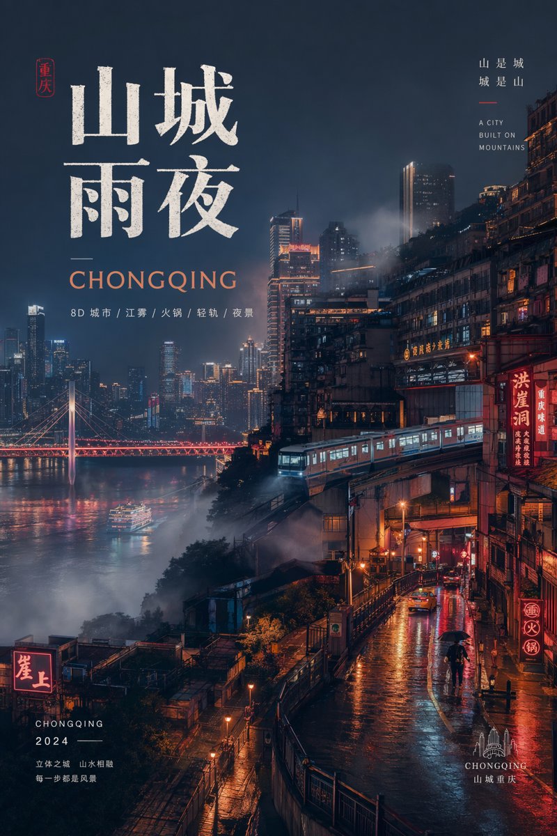 AI海報提示詞：城市文旅宣傳海報，雨夜山城 + 輕軌穿樓 + 現代中文排版（重慶示例，可換城市）