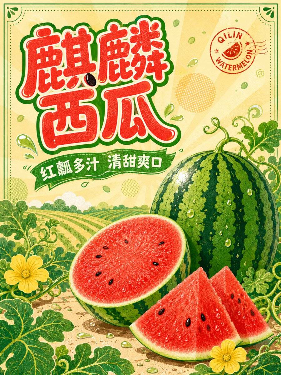 國潮水果海報提示詞：復古絲網印刷風麒麟西瓜海報（手繪大字 + 太陽光芒）（gpt-image-2）