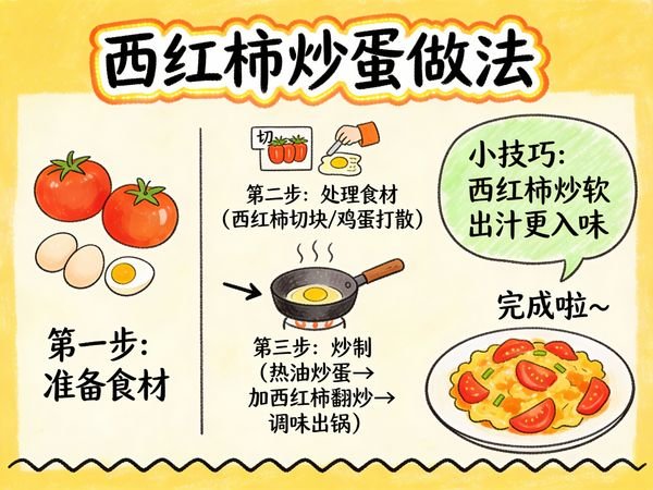 即梦提示词：手绘涂鸦风菜谱知识卡，西红柿炒蛋三步做法 + 小技巧气泡