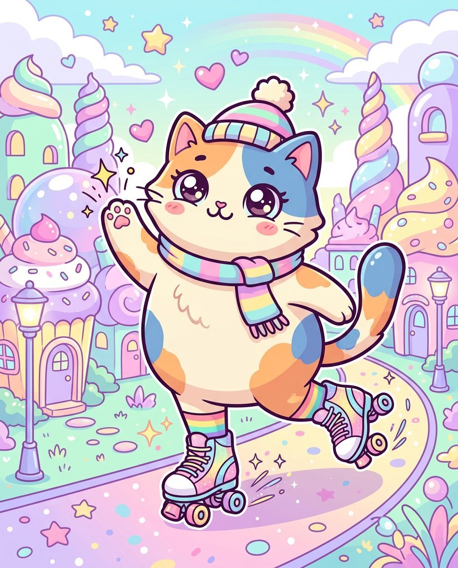 壁纸提示词：穿旱冰鞋的三花猫滑过糖果小镇，粉彩萌系矢量插画（Nano Banana）