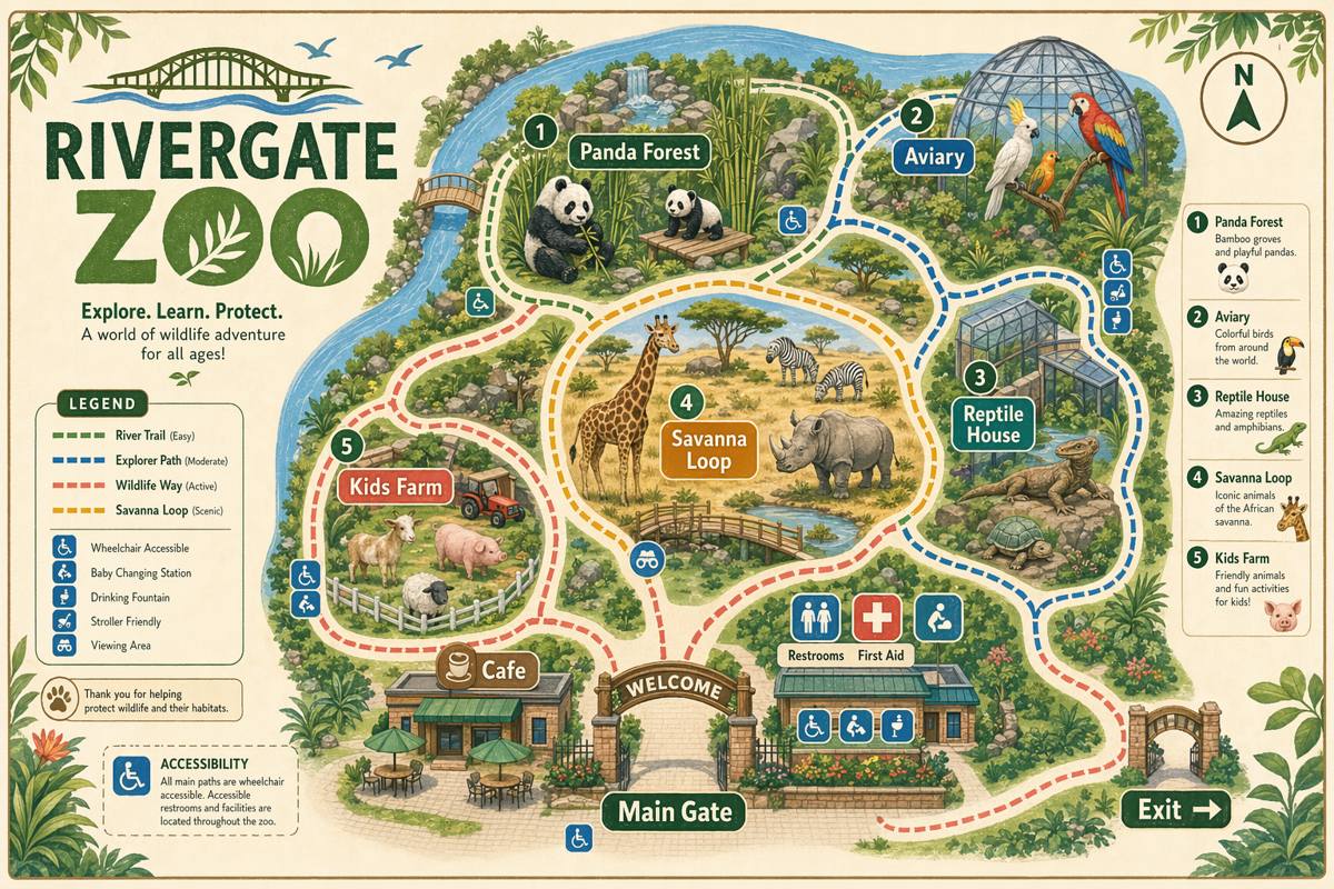 資訊圖提示詞：手繪風動物園導覽地圖，分區路線 + 編號地標 + 圖例 + 無障礙標識