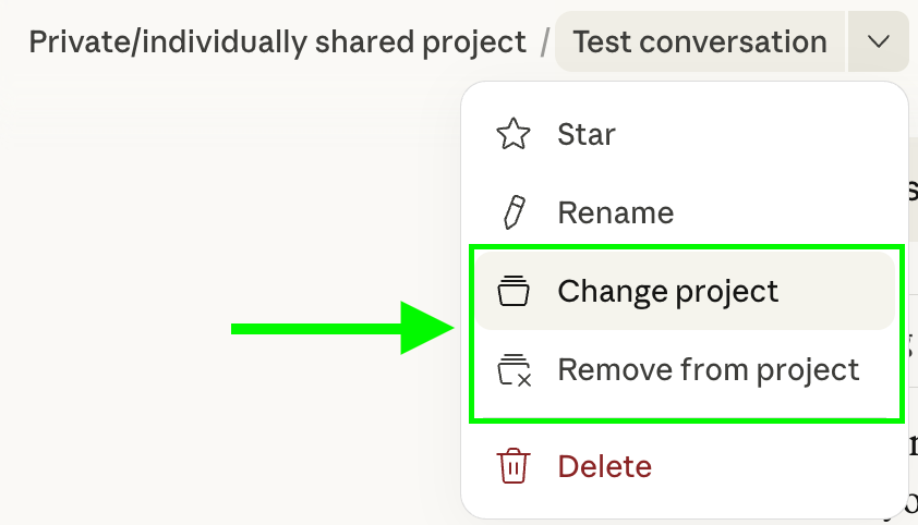项目内对话的下拉菜单：Change project 和 Remove from project