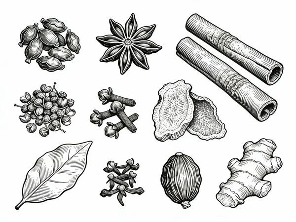 即梦提示词：中式香料铜版画线稿，八角桂皮花椒等黑白雕刻风插图（包装设计 AI 素材）