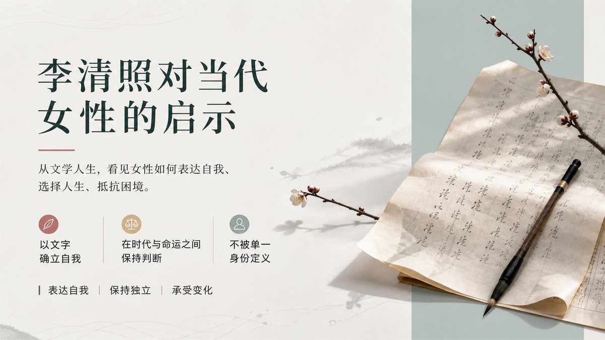 ppt提示词：新中式人文课件封面页，墨绿宋体大标题 + 宣纸毛笔静物（gpt-image-2）