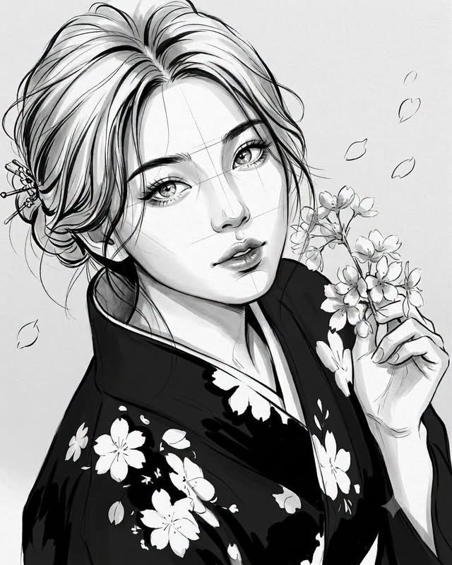 ai穿搭插画提示词：黑白水墨线描时装肖像，结构辅助线 + 大留白的杂志画风（Nano Banana）