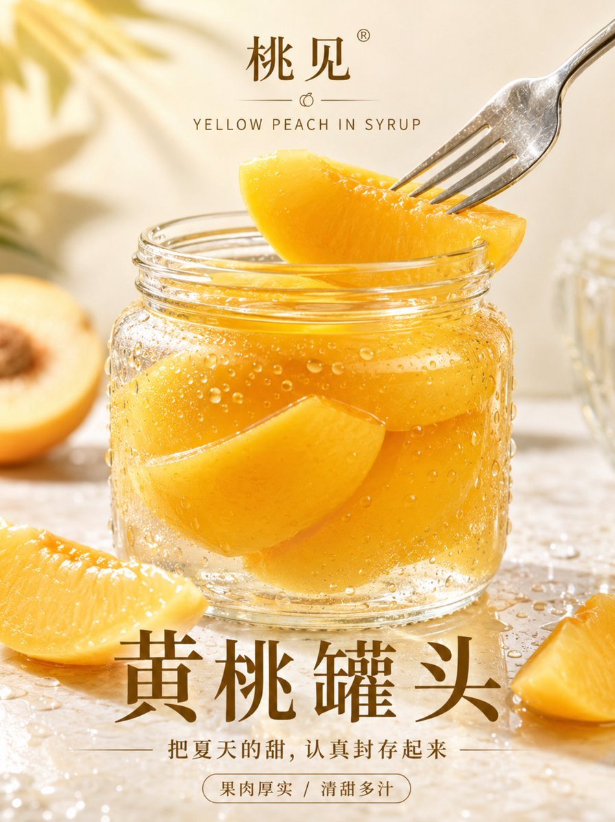 食品包装海报提示词：玻璃罐黄桃罐头高级感广告图（品牌名 + 卖点标签）（gpt-image-2）