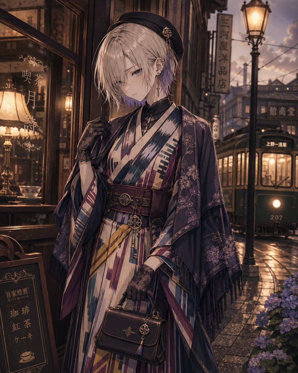 ai穿搭提示词：给角色换一身昭和摩登和洋混搭，铭仙和服 + 贝雷帽 + 皮包的复古街景（gpt-image-2）