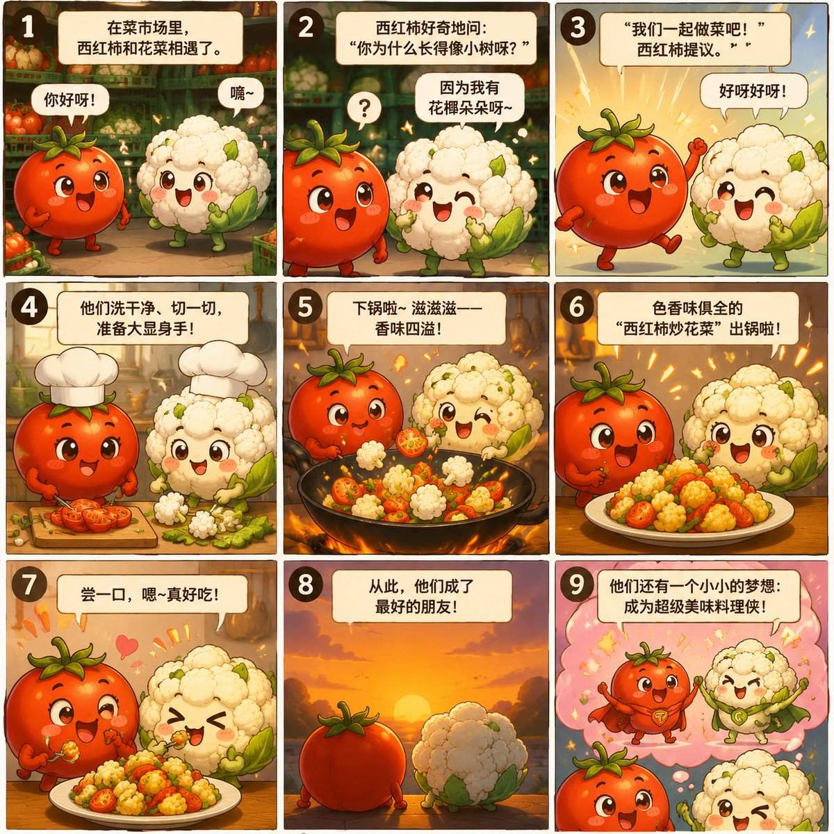 ai繪本生成提示詞：蔬菜擬人九宮格兒童漫畫，西紅柿和花菜一起做菜（gpt-image-2）