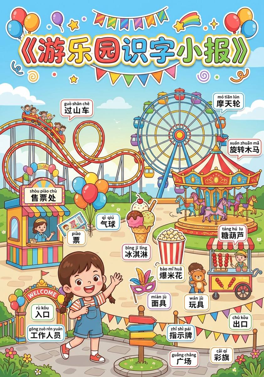 信息图提示词：儿童识字小报《游乐园》，物品旁贴拼音 + 汉字标签（A4 竖版，可换任意主题）