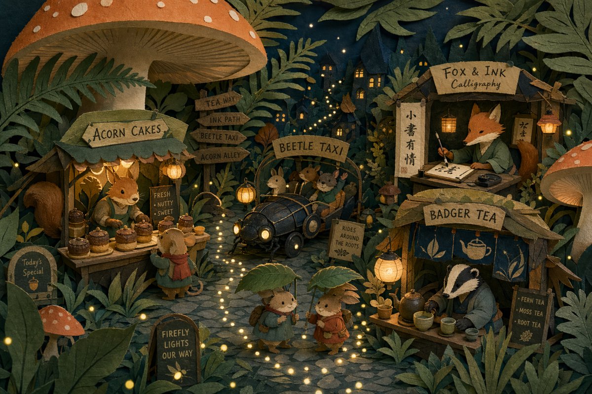 壁纸提示词：纸雕层叠风森林夜市插画，蘑菇伞下的动物小摊（gpt-image-2）