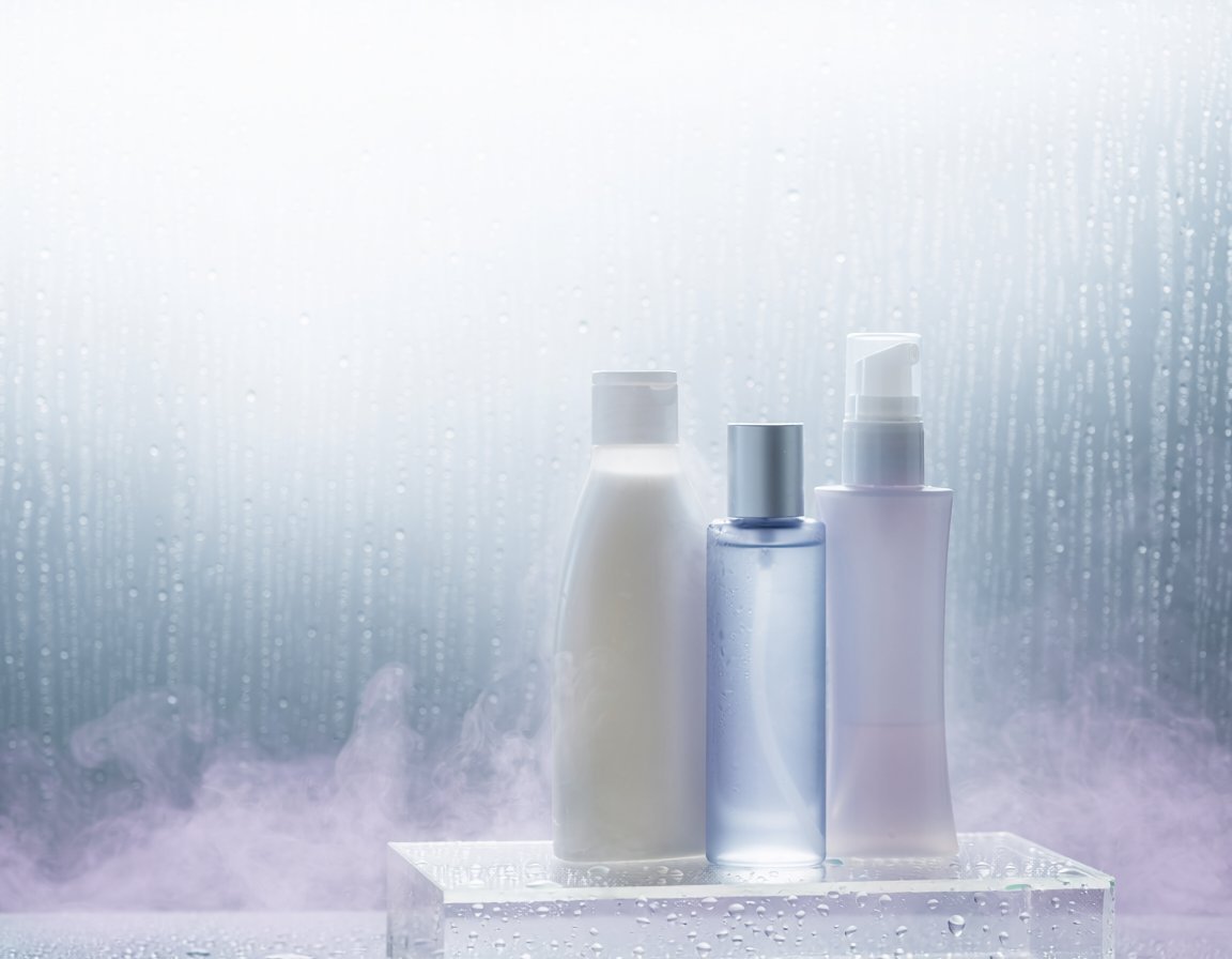 護膚品主圖提示詞：霧氣水珠玻璃背景的三瓶護膚品靜物（無標籤版）（gpt-image-2）