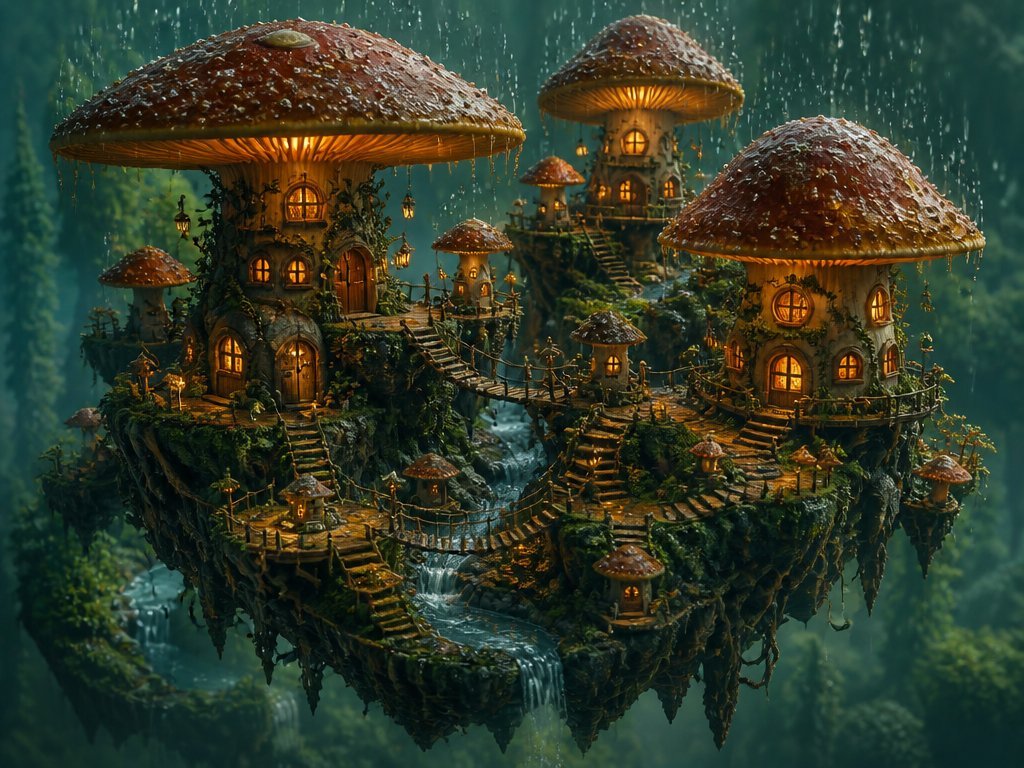 ai遊戲素材生成提示詞：等軸測微縮世界 3D 渲染，浮空蘑菇村 / 雪中漁島一句話換主題（gpt-image-2）