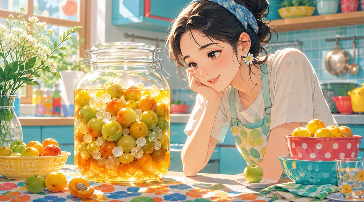 動漫插畫提示詞：雨天廚房裏看青梅糖漿發酵的女孩，日系治癒橫圖（gpt-image-2）