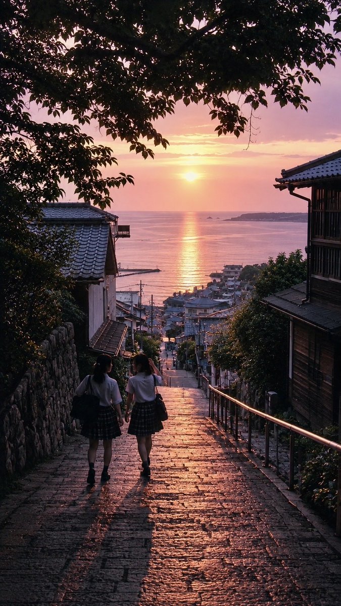 壁纸提示词：日系海边小镇的石阶夕阳，放学路上的背影，怀旧夏日竖版壁纸（gpt-image-2）