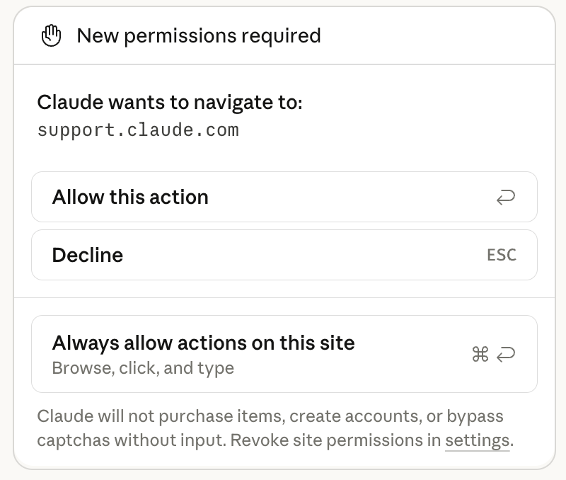 「New permissions required」提示：Claude 想打开某个网址，可以选择只允许这一次、拒绝，或总是允许在该网站上操作