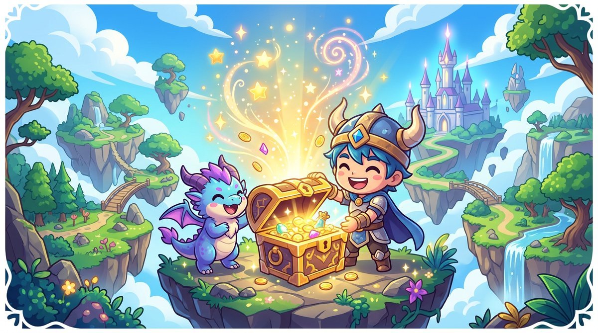 nano banana 游戏活动图提示词：Q 版 RPG 宣传主视觉，小勇士和小龙打开发光宝箱（16:9 横版 KV）