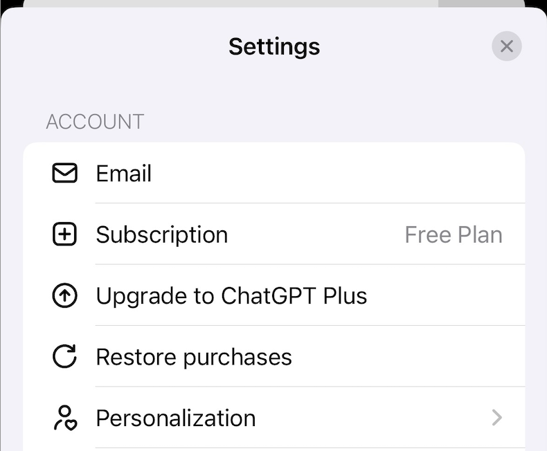 ChatGPT iOS 设置里的 Subscription、Upgrade to ChatGPT Plus 和 Restore purchases（官方截图）