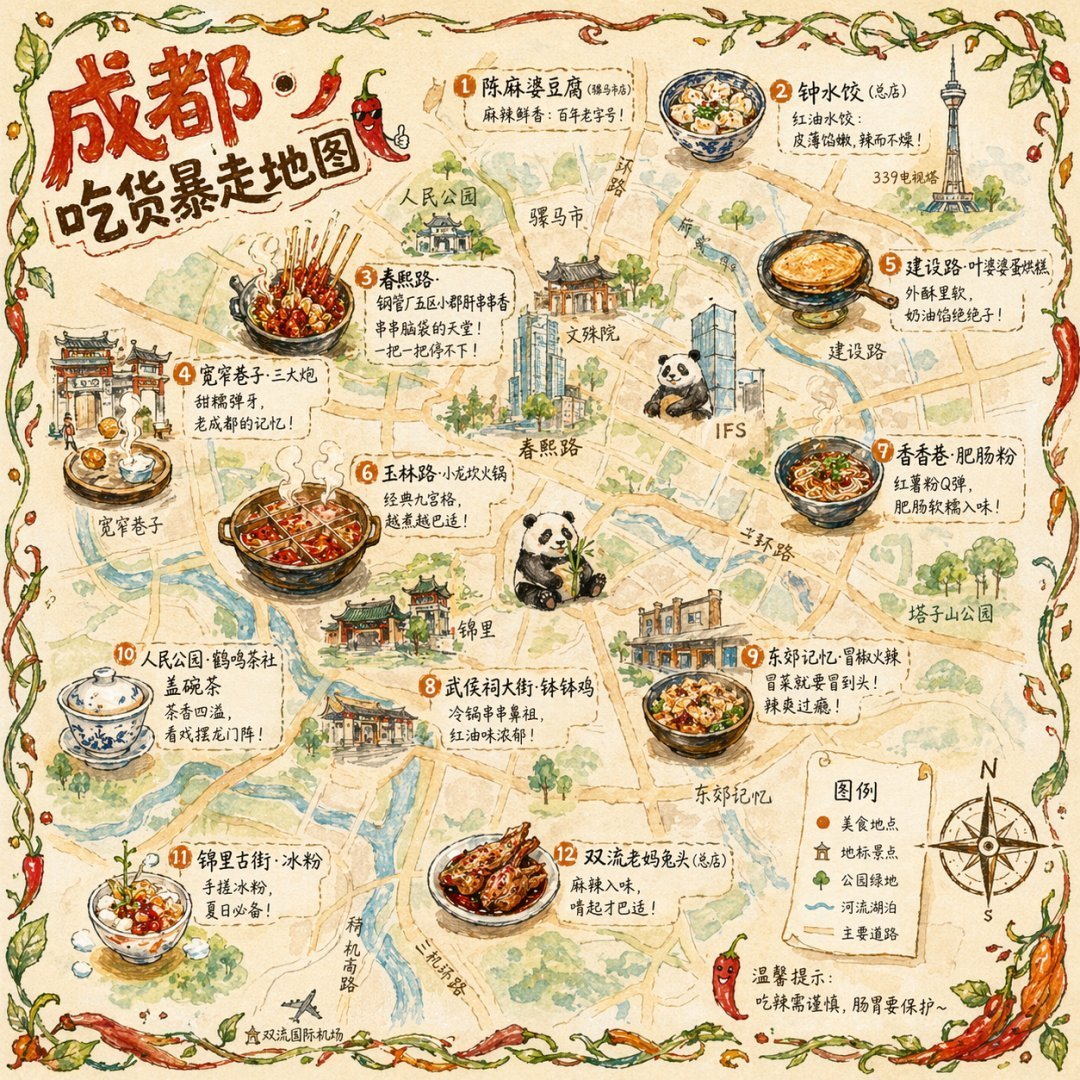 城市美食地图提示词：手绘水彩吃货地图（成都示例，可换城市）