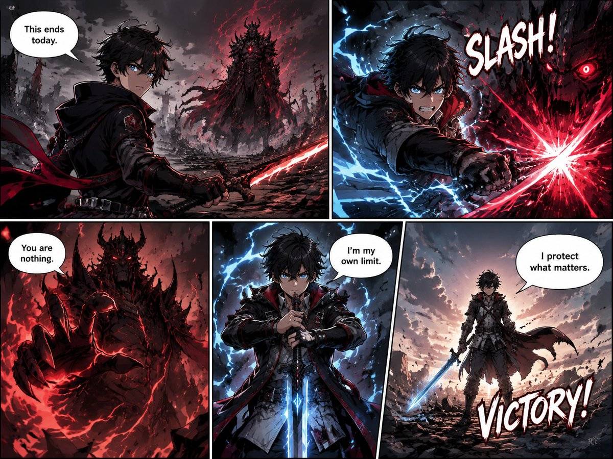漫画提示词：暗黑奇幻热血战斗漫画页，五格红蓝对撞的斩击与胜利（gpt-image-2）