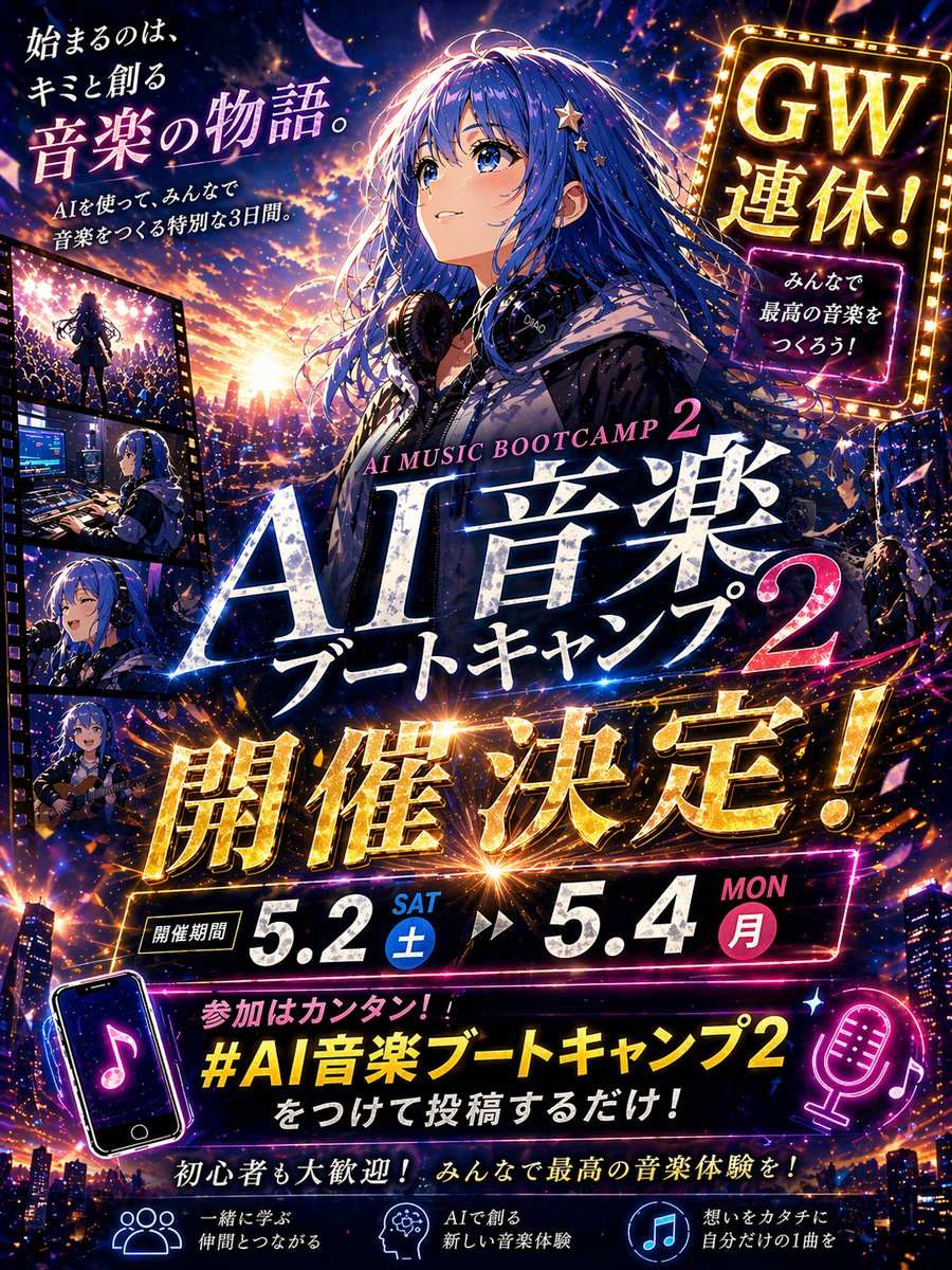 AI海報提示詞：日系動漫風活動宣傳海報（霓虹城市夜景 + 金色金屬大字標題 + 日期條與側邊膠片格）