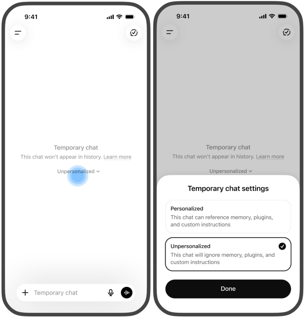 手机上的临时聊天：页面提示该聊天不会出现在历史记录中，点「Unpersonalized」可在 Personalized 与 Unpersonalized 之间选择（英文界面）