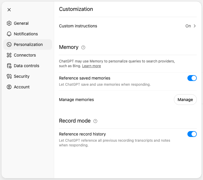 设置的 Personalization 页面：Record mode 分组下的 Reference record history 开关（英文界面）