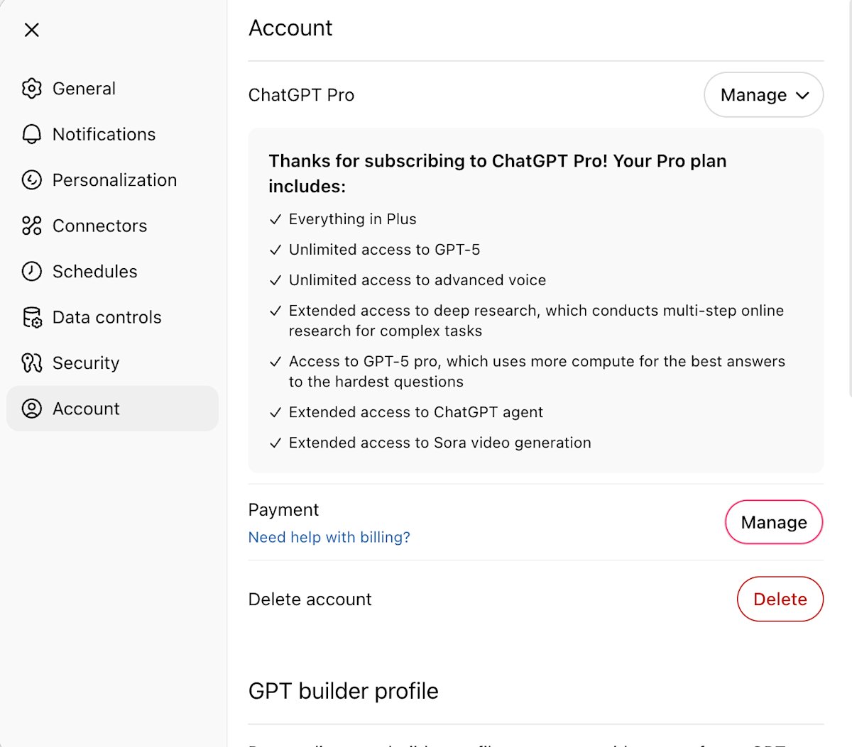 ChatGPT 设置的 Account 页面，Payment 一行右侧的 Manage 按钮被圈出（英文界面，官方示例账号）