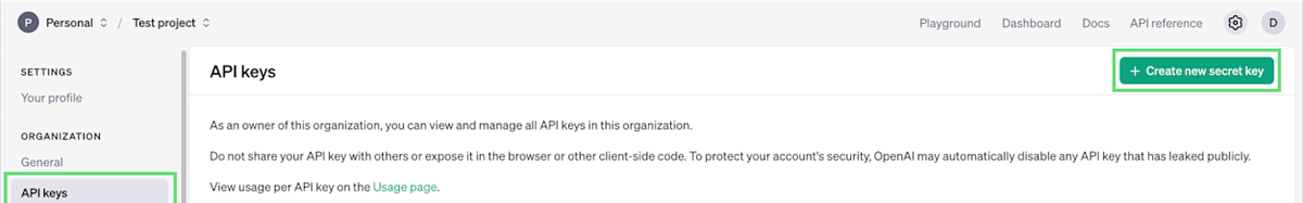 API keys 页面：左侧 Organization 菜单下选中 API keys，右上角是 Create new secret key 按钮，页面提示不要把密钥分享给别人或暴露在浏览器等客户端代码里（英文界面）