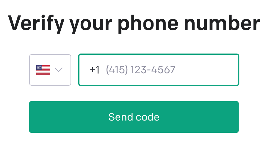 OpenAI 手机验证界面：选择国家并输入手机号后点 Send code（英文界面）