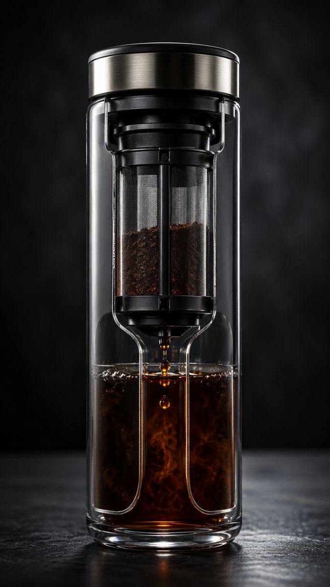 可灵提示词：产品剖面透视讲解视频（冷萃杯玻璃变透明露出滤网 · 工作原理动画）