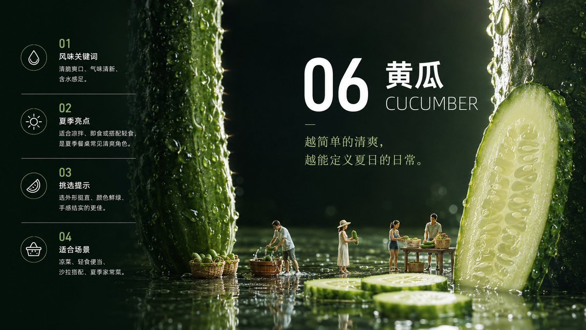 AI做系列PPT提示词：一次生成 10 页风格统一的介绍型幻灯片（夏季果蔬示例）（gpt-image-2）