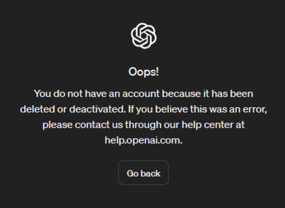 登录时的报错页面：You do not have an account because it has been deleted or deactivated