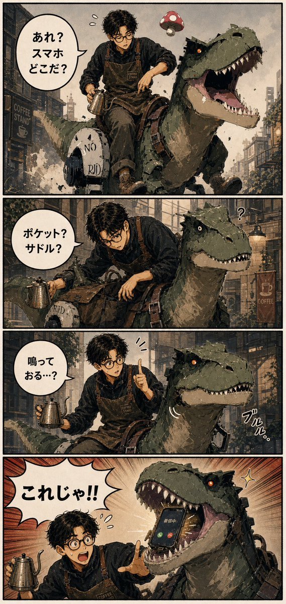ai四格漫画提示词：骑机械霸王龙找手机，蒸汽朋克水粉风竖版搞笑四格（gpt-image-2）