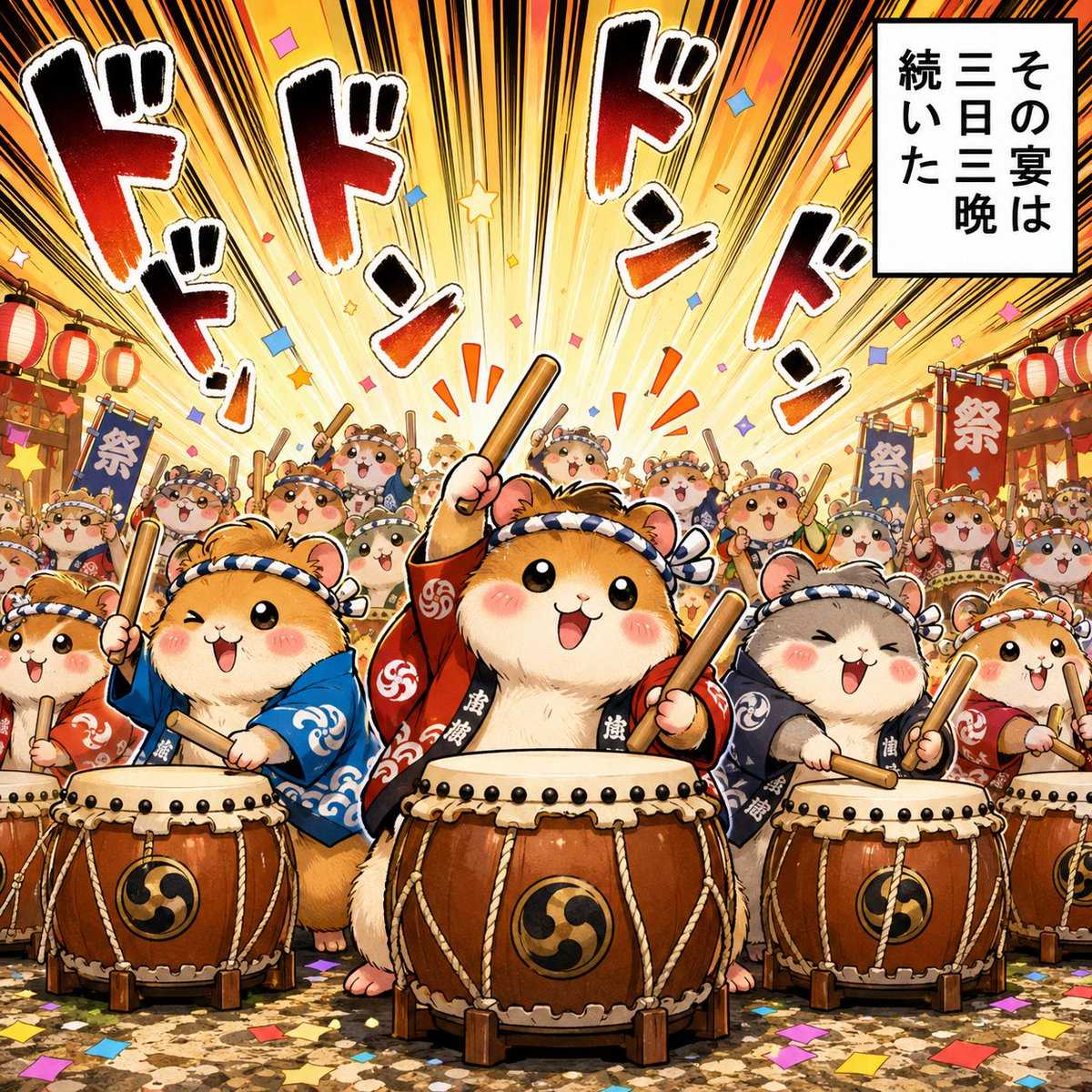 漫畫提示詞：倉鼠太鼓祭典彩色漫畫大場面，擬聲詞滿屏（gpt-image-2）