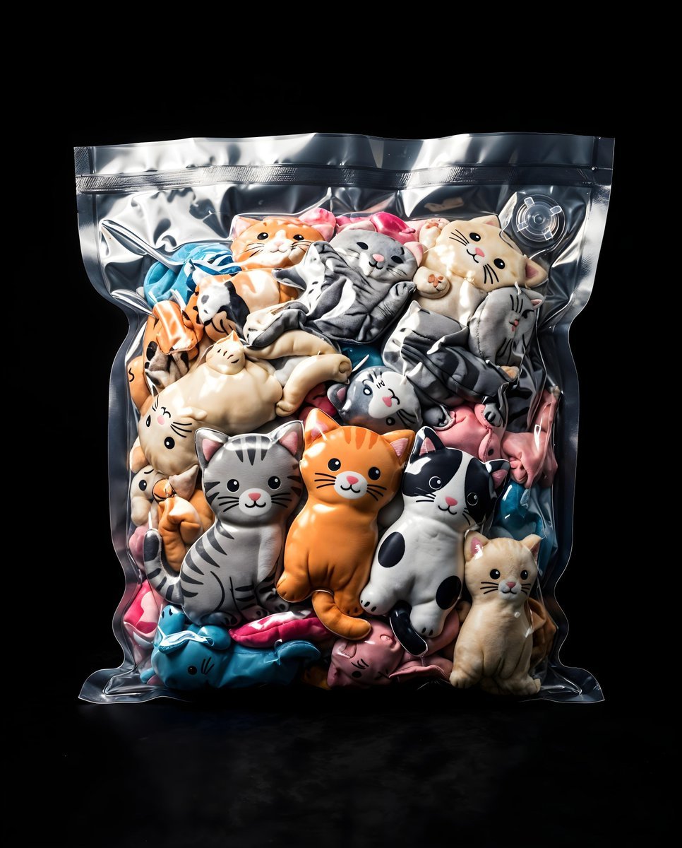 ai创意产品图提示词：把一堆软萌玩具塞进真空压缩袋，黑底影棚特写（Nano Banana）