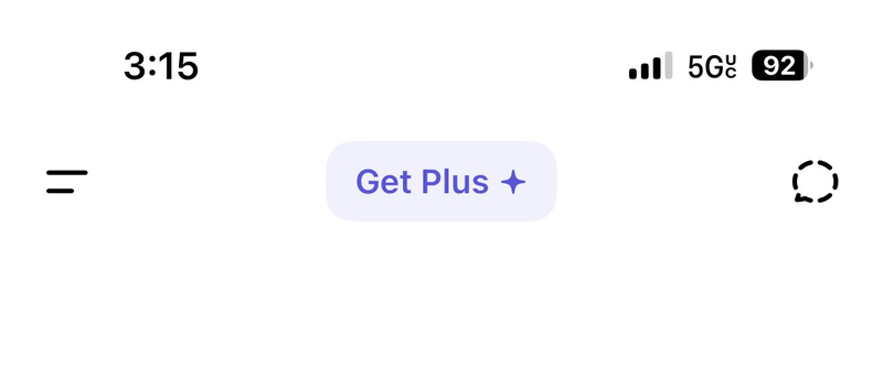 ChatGPT iOS App 对话页顶部的 Get Plus 按钮（官方截图）