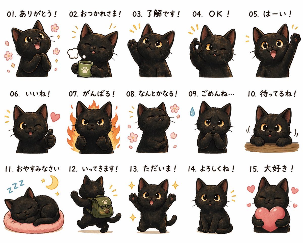 ai表情包制作提示词：黑色小奶猫 15 格问候贴纸，带编号短句（gpt-image-2）