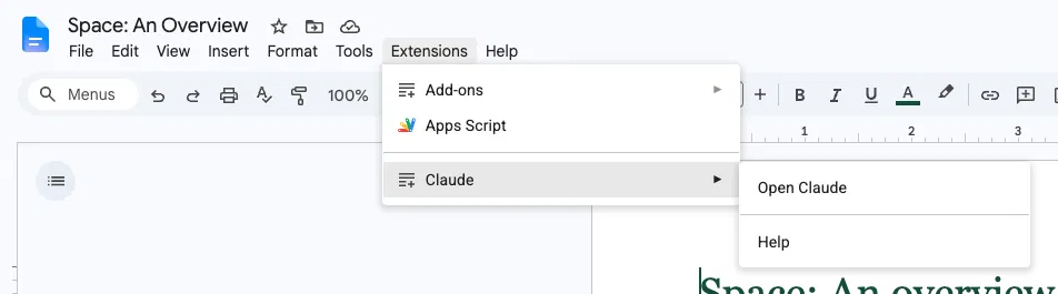 Google 文件菜单里的「Extensions → Claude → Open Claude」入口（Google 文档、表格、幻灯片相同）