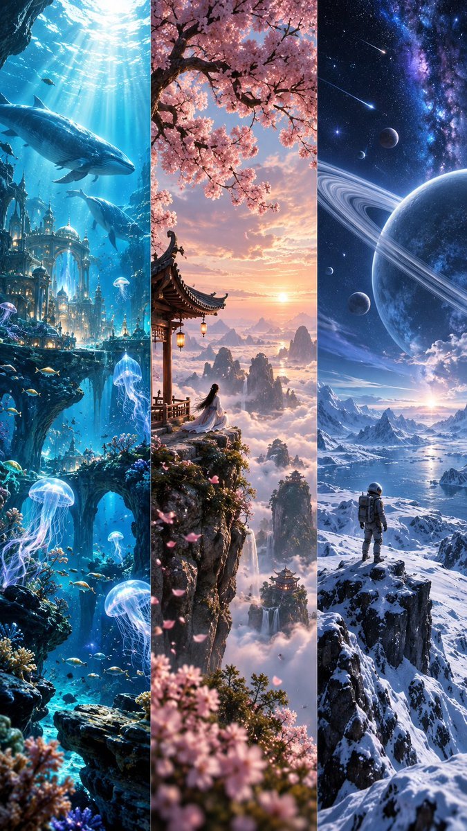 壁紙提示詞：三聯豎幅奇幻世界壁紙（海底城 / 櫻花仙山 / 外星雪原）（gpt-image-2）