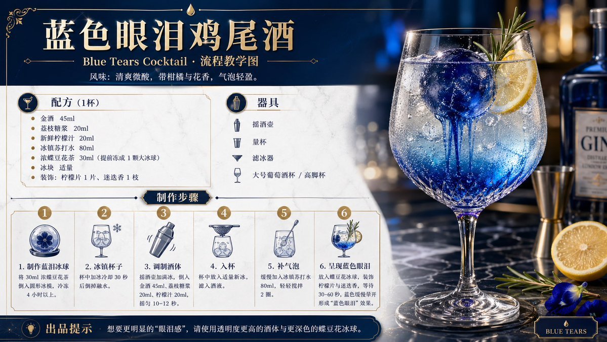 鸡尾酒教程图提示词：一杯特调的调制步骤图 + 概念海报（蓝色眼泪示例）（gpt-image-2）