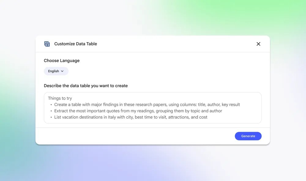 2025 年 12 月官方博客配图：「Customize Data Table」面板，可选语言并描述想要的表格，例如指定列名「标题、作者、关键结论」