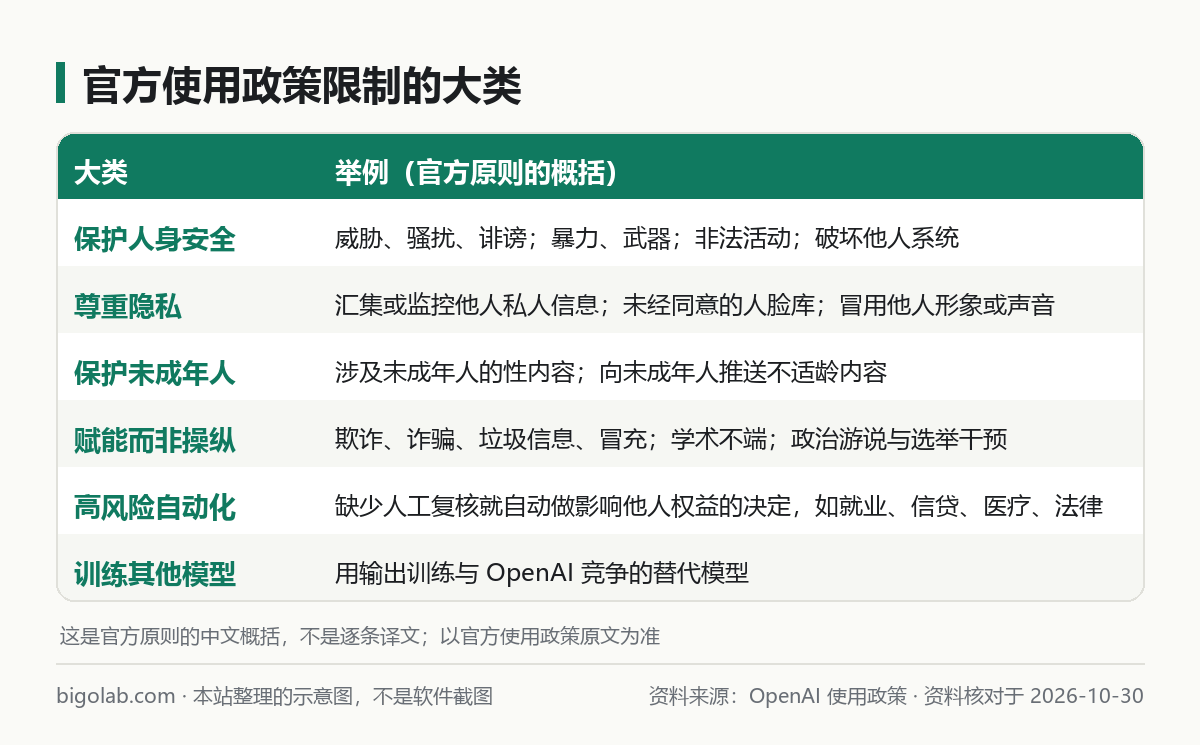 官方使用政策限制的大类：人身安全、隐私、未成年人、操纵欺骗、高风险自动化、训练其他模型