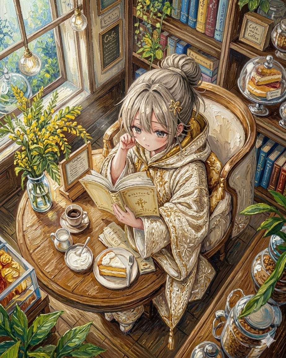 线稿上色提示词：铅笔线稿变手绘水彩水粉动漫插画（咖啡馆示例）（gpt-image-2）
