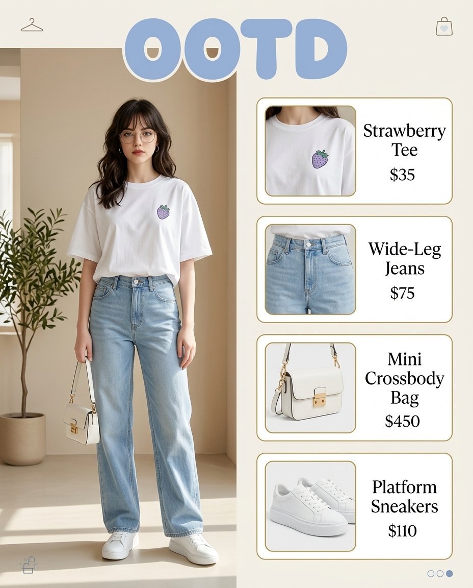 ai穿搭提示詞：OOTD 種草圖，左邊模特全身照 + 右邊四張單品價格卡（gpt-image-2）