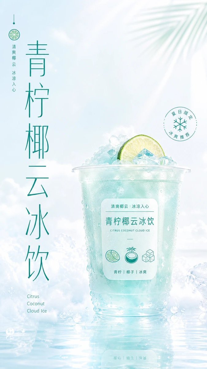 飲品海報提示詞：清透冰藍的青檸椰子冰飲豎版海報（豎排細字中文標題）（gpt-image-2）